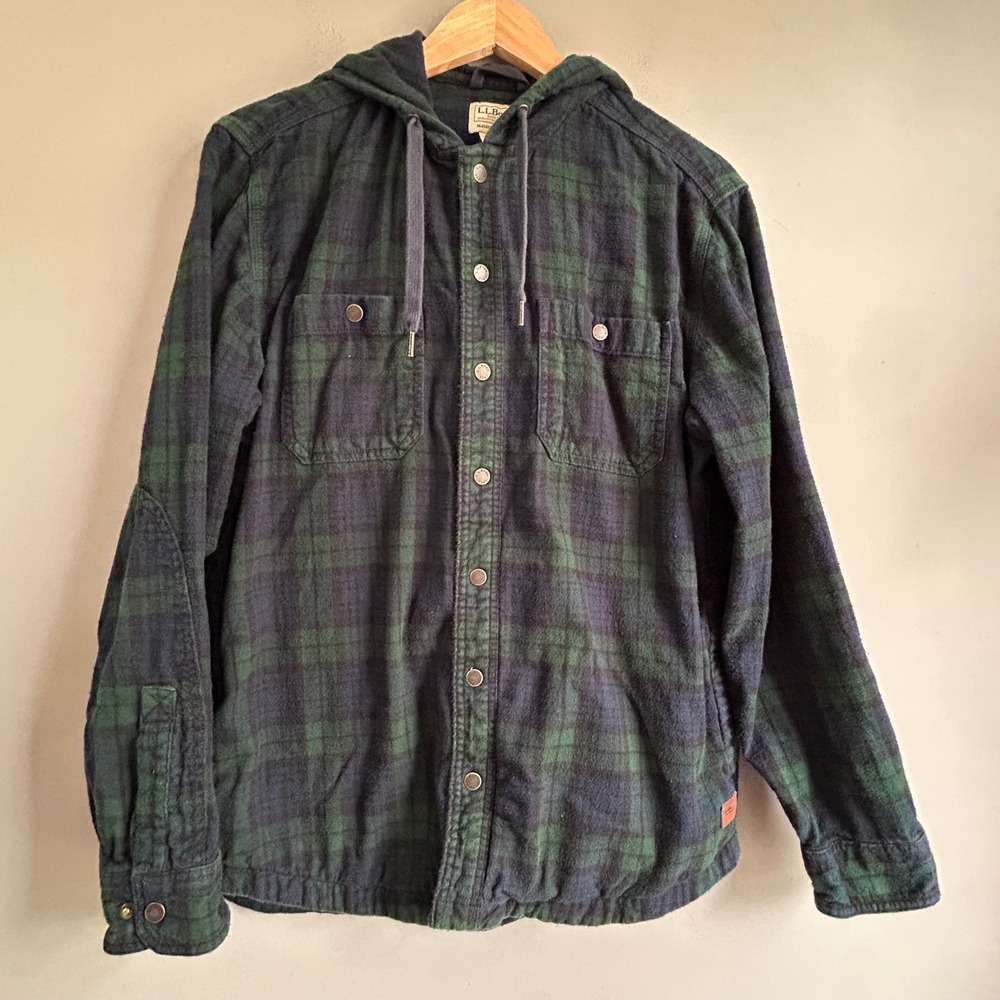 LL Bean Men Green Blue Plaid Hooded Flannel Shirt Jacket Snap Front M-Reg 508169